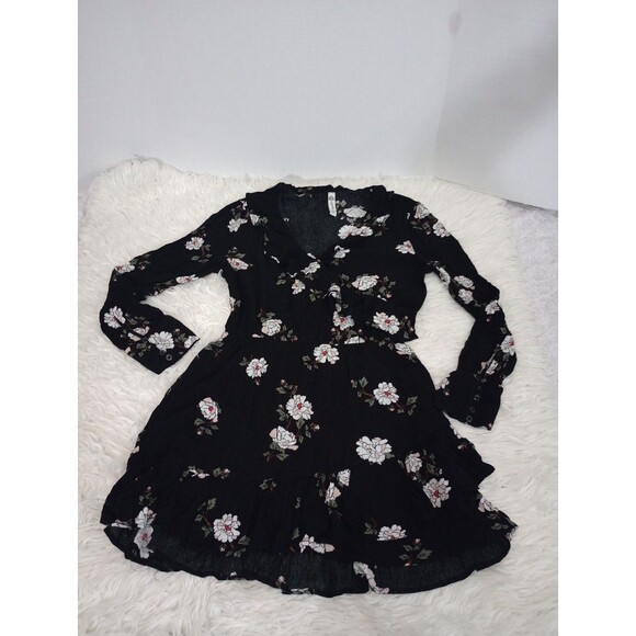 Womens Dress Size L American Rag Black Ruffled Floral-Print Peasant - Picture 2 of 11